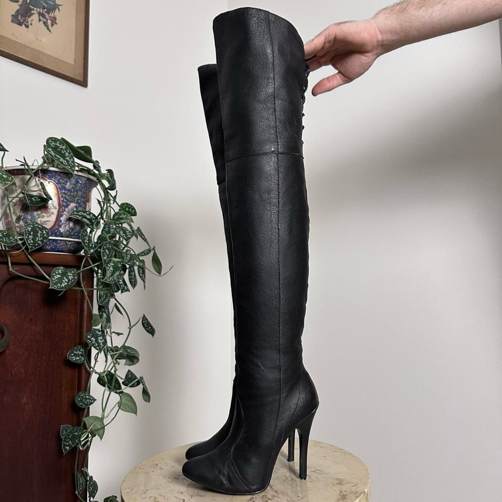 Vintage 90s early 2000s black long tall knee high, thigh high pointed toe boots